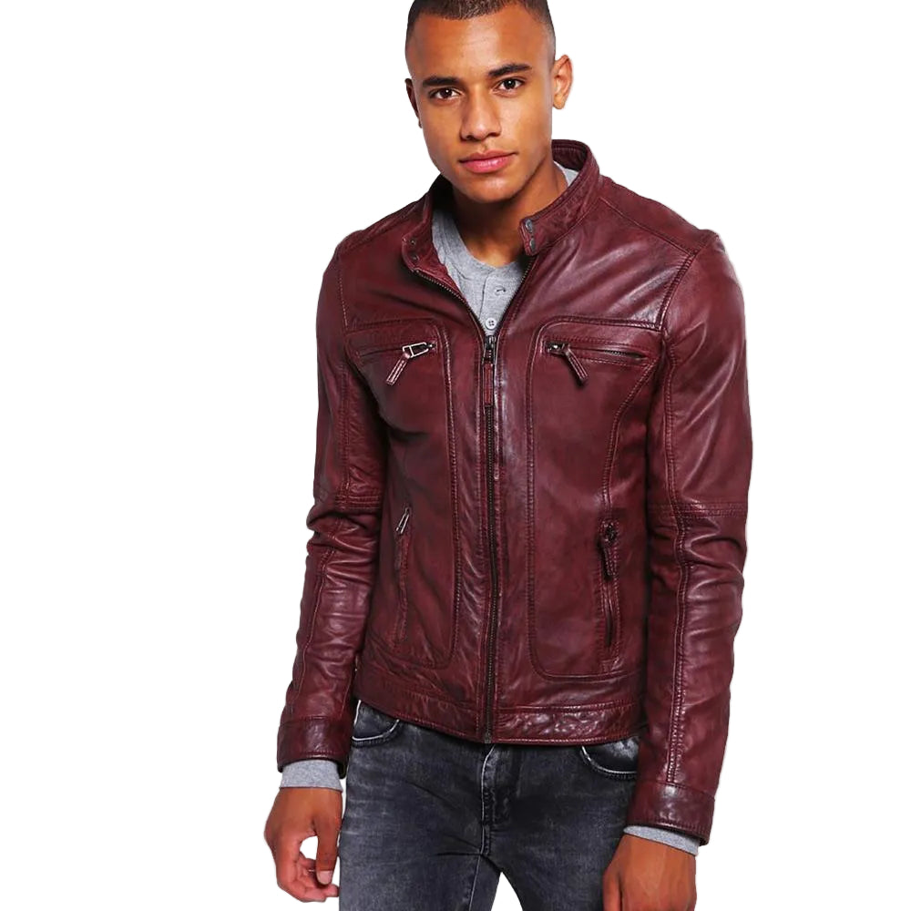 men's burgundy quilted lambskin leather racer jacket adler front view