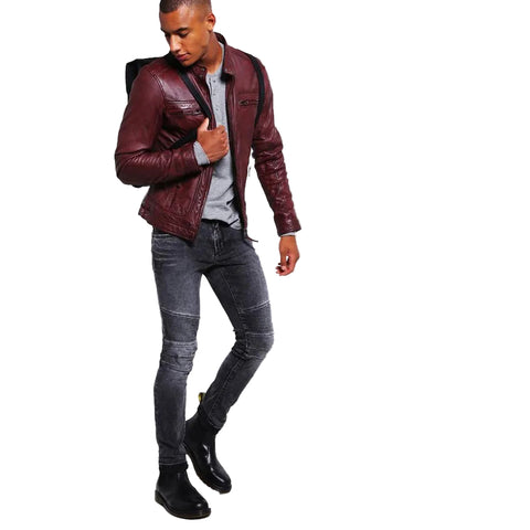 men's burgundy quilted lambskin leather racer jacket adler back view