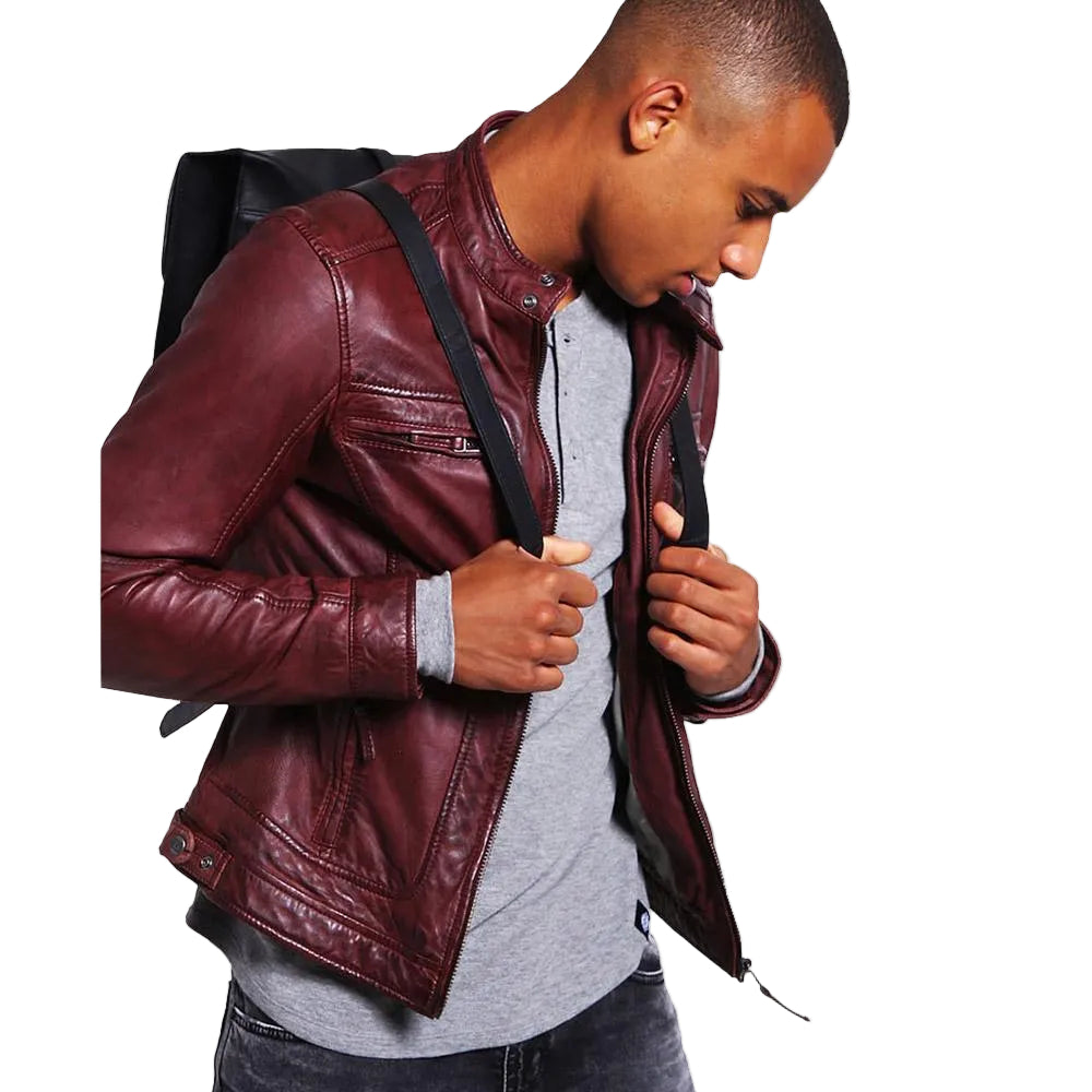 men's burgundy quilted lambskin leather racer jacket adler detail close up