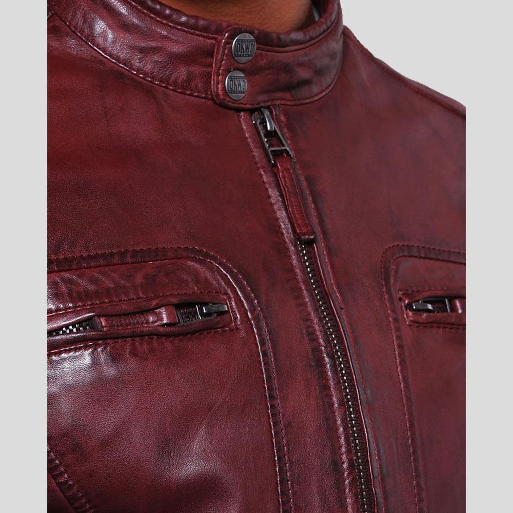 men's burgundy quilted lambskin leather racer jacket adler texture detail