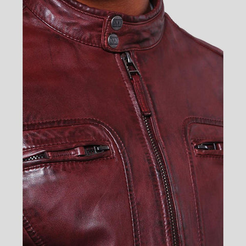 men's burgundy quilted lambskin leather racer jacket adler texture detail