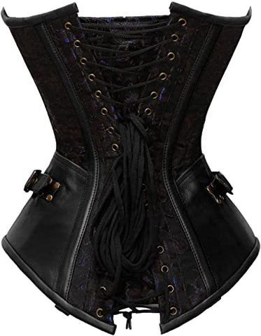 Tolleson Blue Brocade & Black Faux Leather Overbust Corset