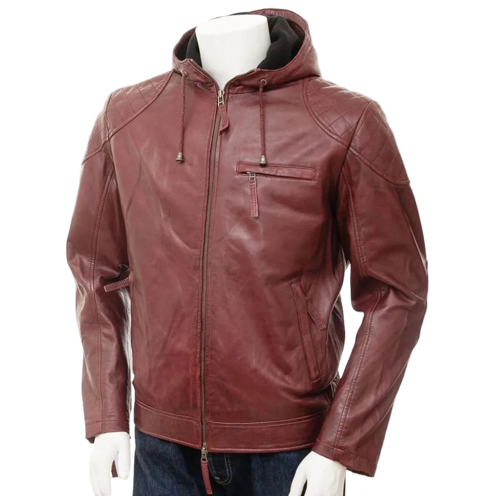 Tore Red Leather Jacket With Removable Hood