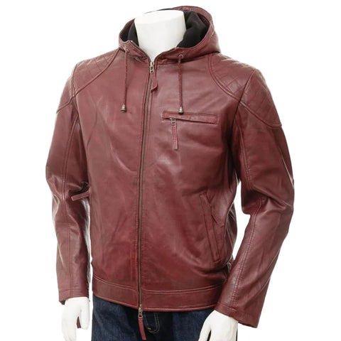 Tore Red Leather Jacket With Removable Hood