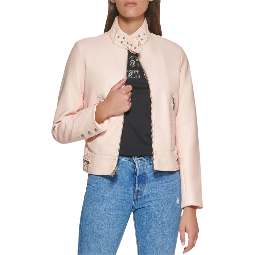 Trendy Powder Pink Women's Racer Leather Jacket - AMSEL LEATHERS