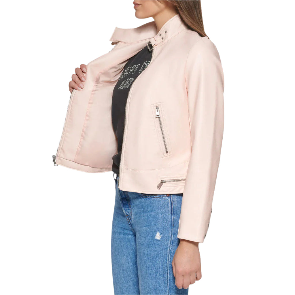 Trendy Powder Pink Women's Racer Leather Jacket - AMSEL LEATHERS