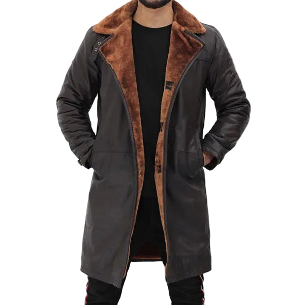 Turlock Dark Brown Shearling Leather Trench Coat Mens