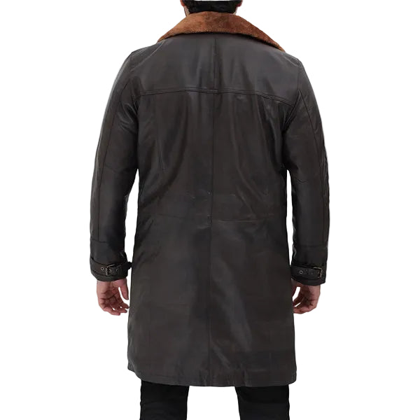 Turlock Dark Brown Shearling Leather Trench Coat Mens