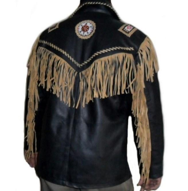 Two tone cowboy leather jacket with fringes for men
