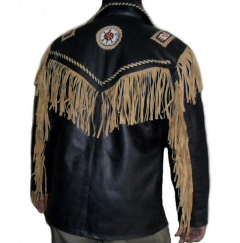 Two tone cowboy leather jacket with fringes for men
