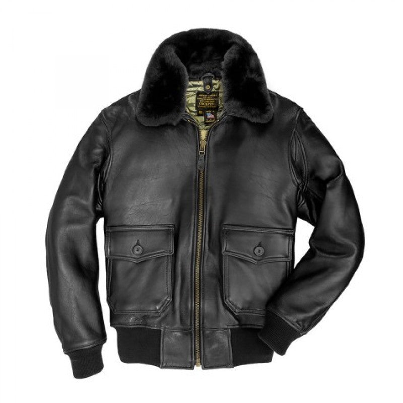 men’s navy sheepskin leather aviator jacket front view