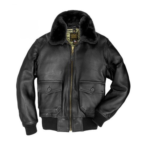 men’s navy sheepskin leather aviator jacket front view