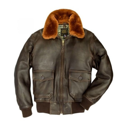 men’s navy sheepskin leather aviator jacket back view
