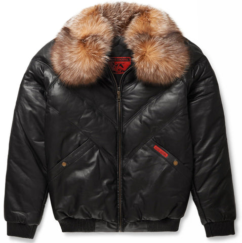 V-Bomber Jacket Black Leather w/ Crystal Fox Fur