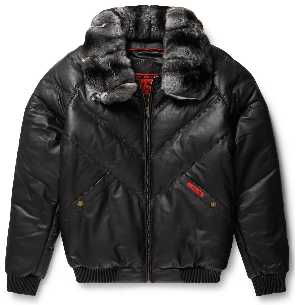 • black leather v bomber jacket mens front view
