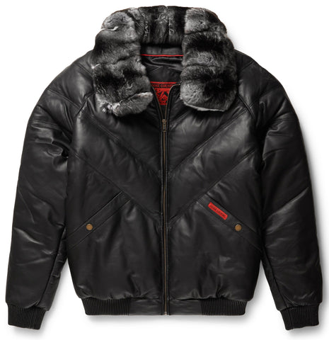 • black leather v bomber jacket mens front view
