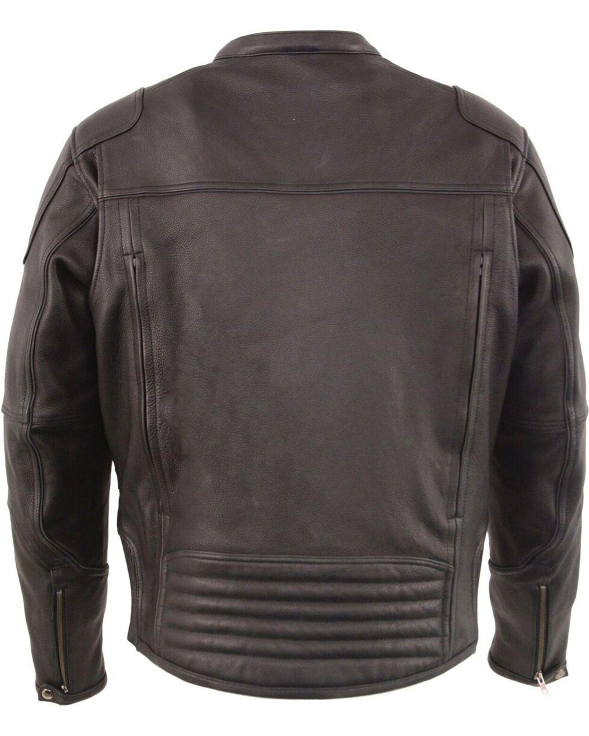 Vented black leather motorcycle jacket for men
