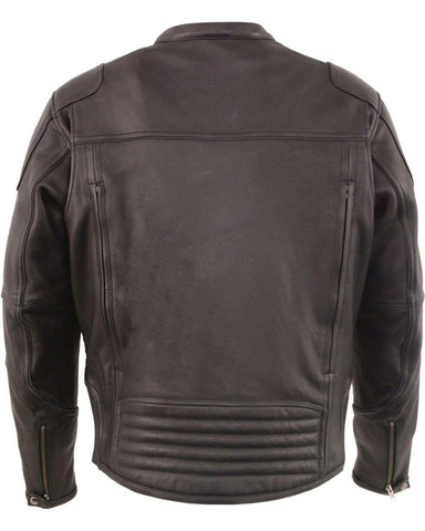 Vented black leather motorcycle jacket for men
