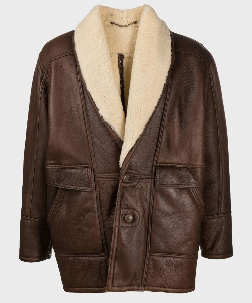 men’s brown sheepskin leather jacket front view