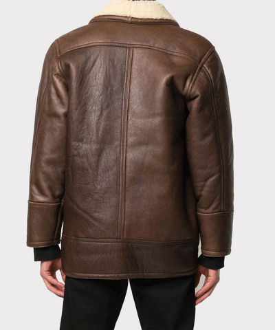 men’s brown sheepskin leather jacket side angle