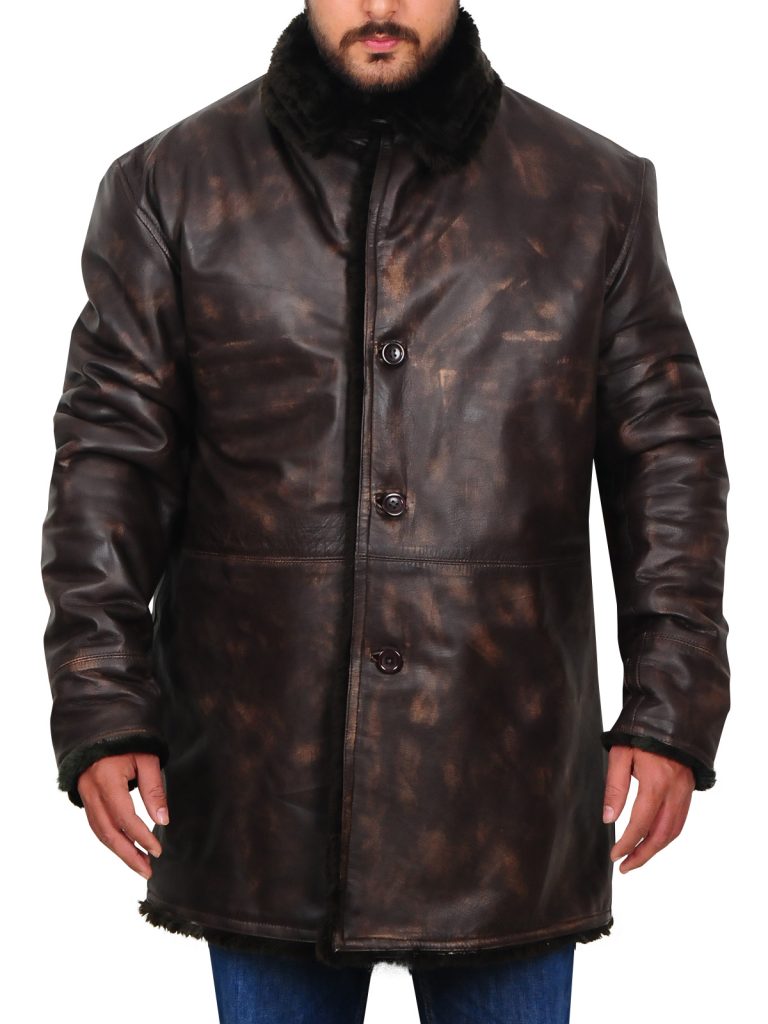 Vintage brown leather winter jacket for men