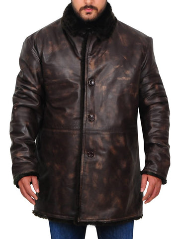 Vintage brown leather winter jacket for men