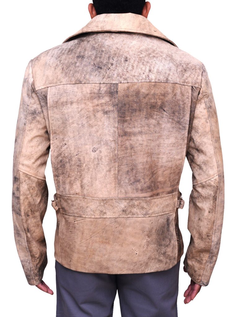 men's brown distressed leather biker jacket callen detail close up
