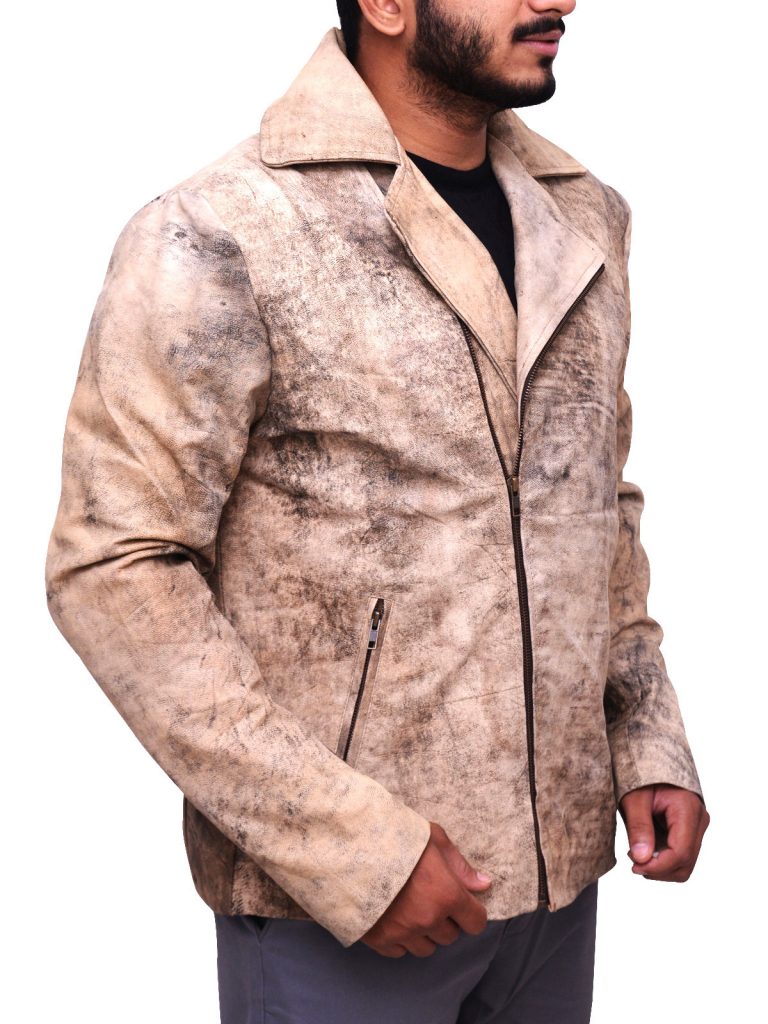 men's brown distressed leather biker jacket callen back view