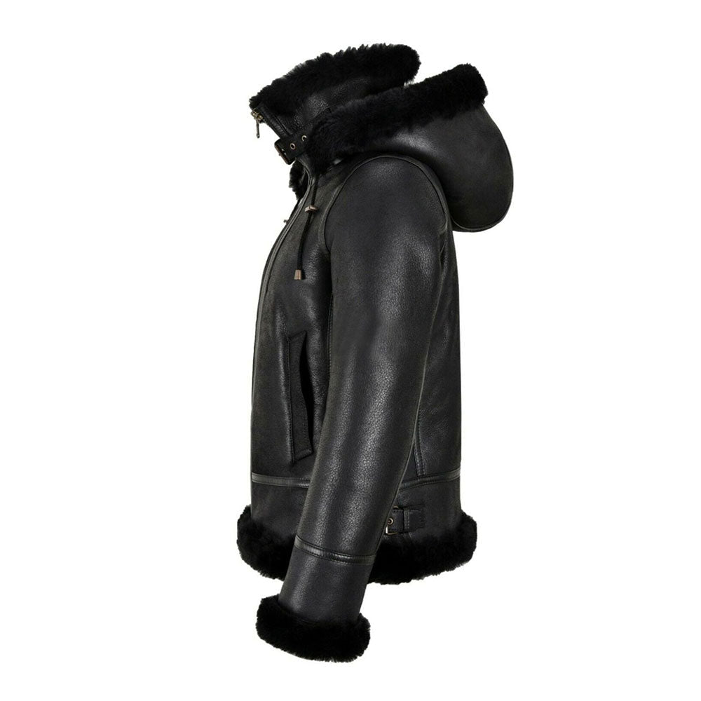 women’s black sheepskin leather aviator jacket side angle