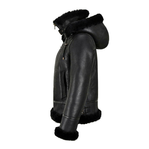 women’s black sheepskin leather aviator jacket side angle