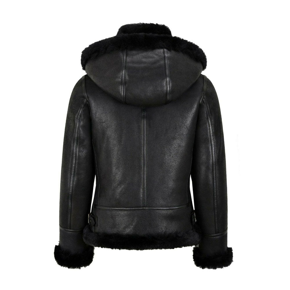 women’s black sheepskin leather aviator jacket back view