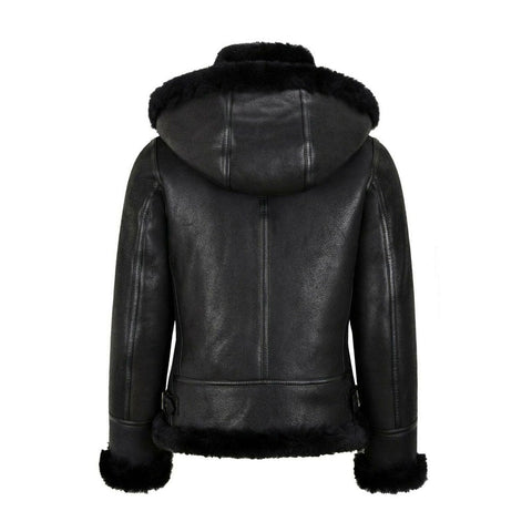 women’s black sheepskin leather aviator jacket back view