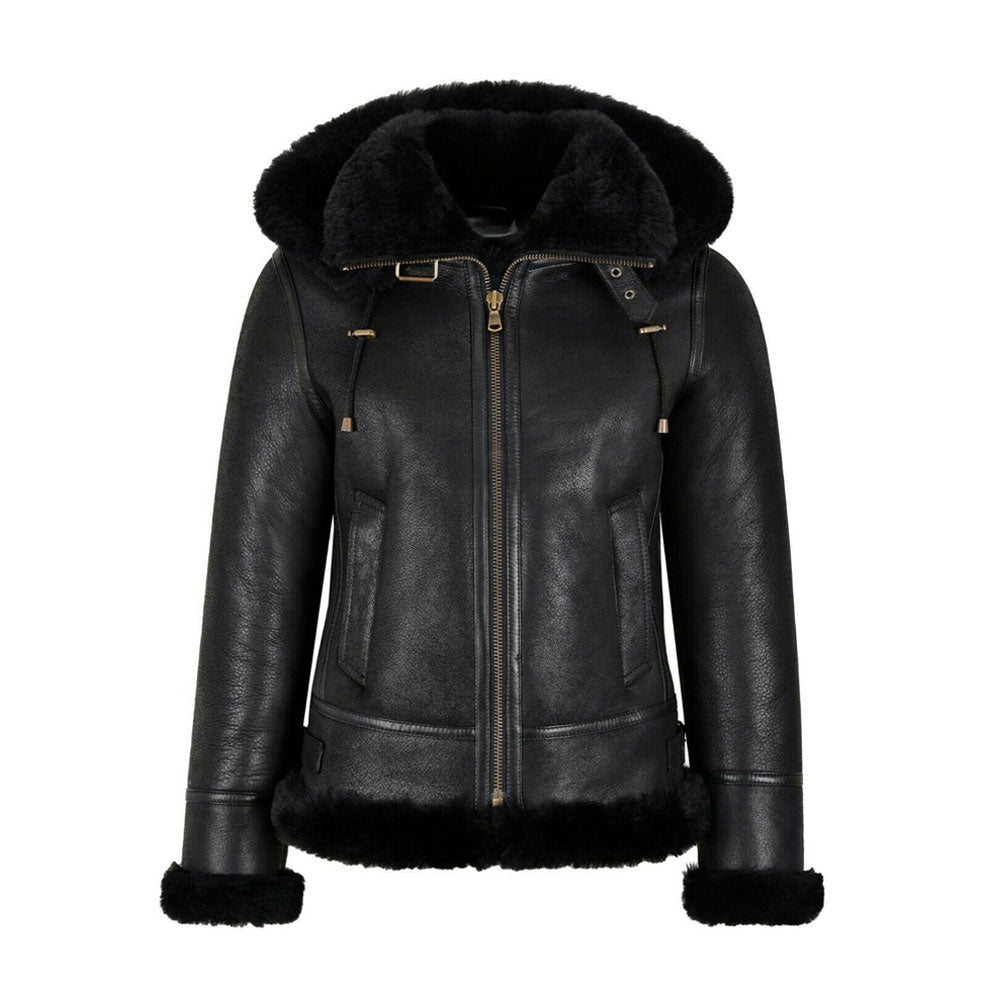 women’s black sheepskin leather aviator jacket front view