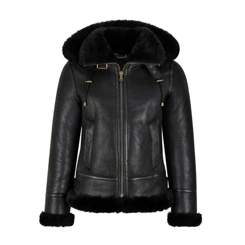 women’s black sheepskin leather aviator jacket front view