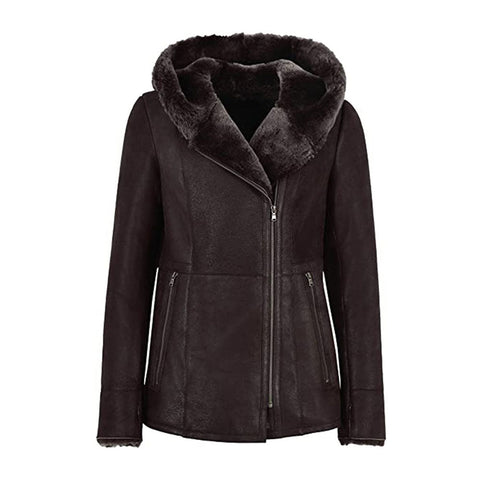 WOMENS HOODED FUR SHEARLING LONG JACKET