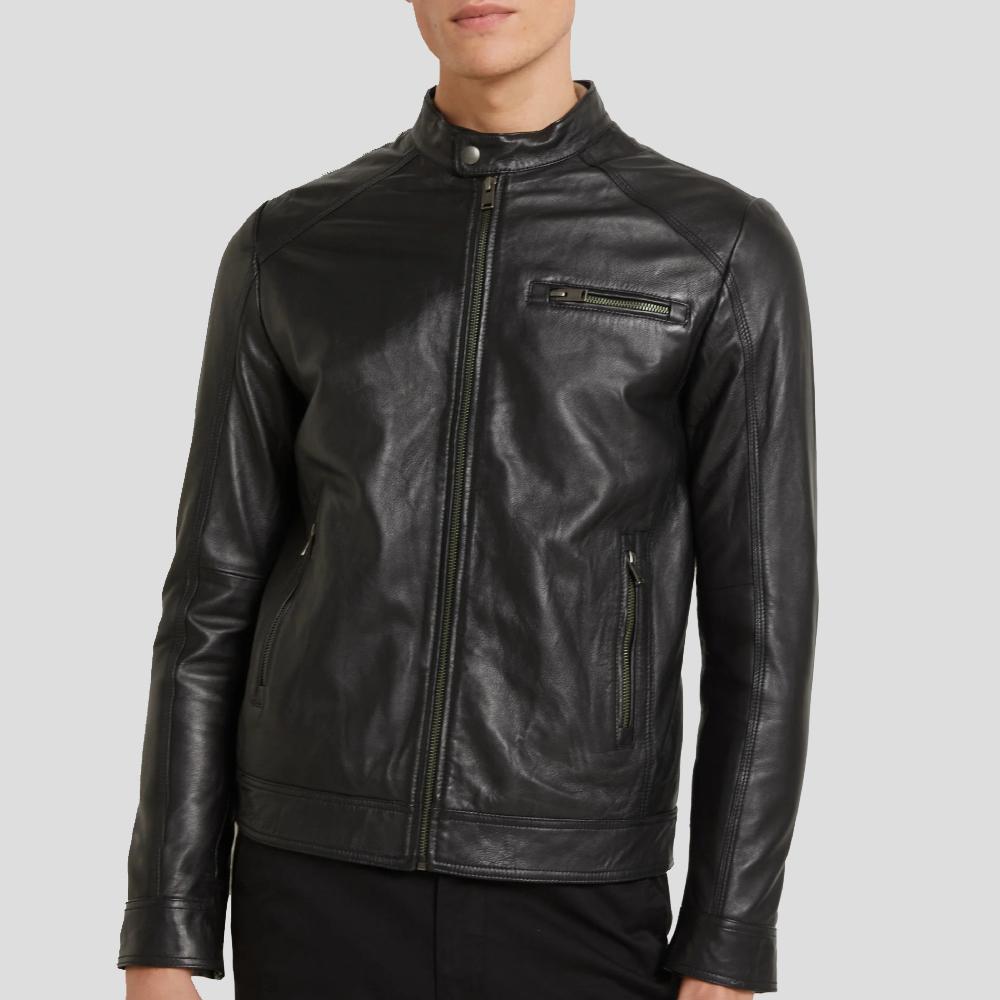 men's black quilted lambskin leather racer jacket marius back view