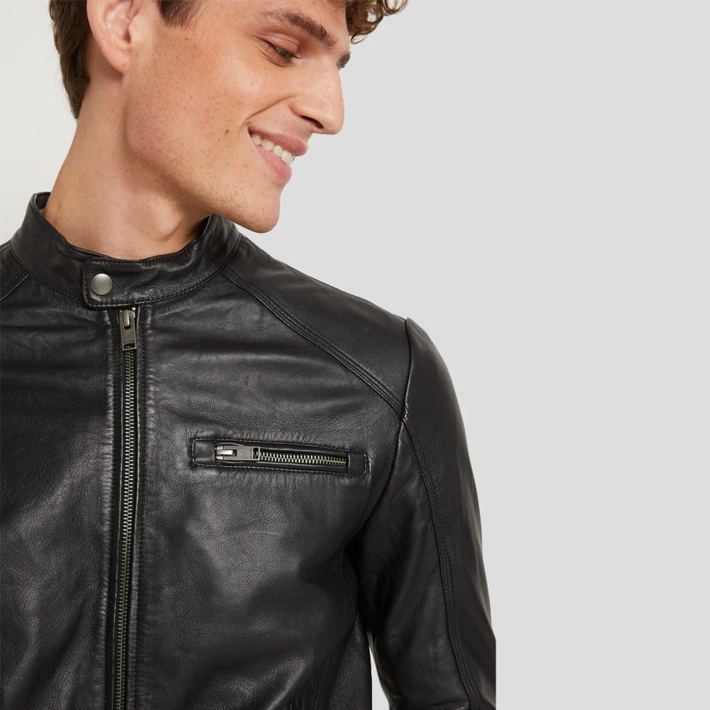 men's black quilted lambskin leather racer jacket marius detail close up
