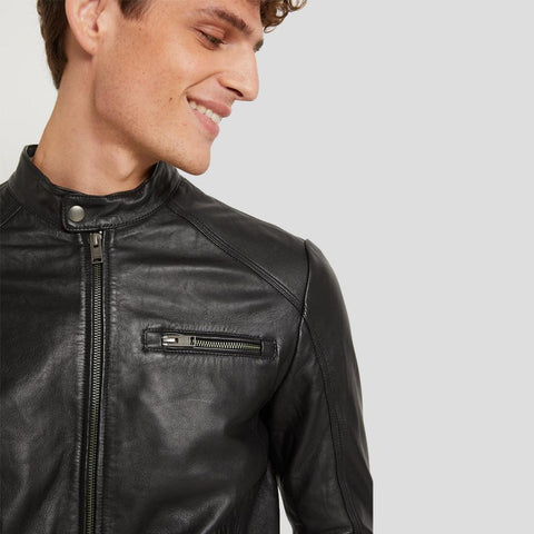 men's black quilted lambskin leather racer jacket marius detail close up