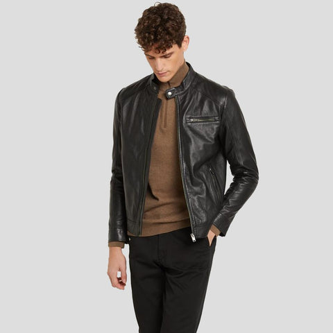men's black quilted lambskin leather racer jacket marius front view