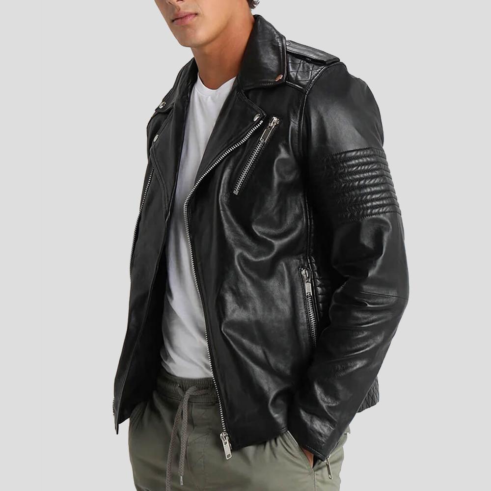 men's black quilted lambskin leather biker jacket ronan front view