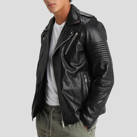 men's black quilted lambskin leather biker jacket ronan front view