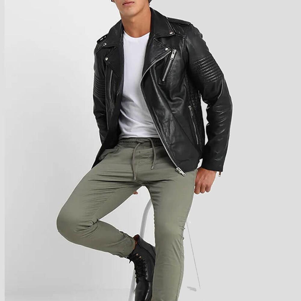 men's black quilted lambskin leather biker jacket ronan side angle