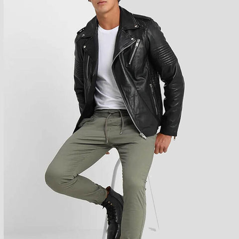 men's black quilted lambskin leather biker jacket ronan side angle