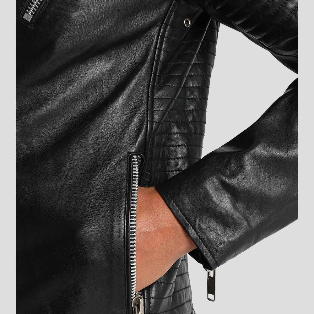 men's black quilted lambskin leather biker jacket ronan detail close up