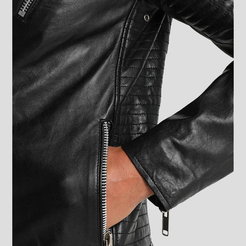 men's black quilted lambskin leather biker jacket ronan detail close up
