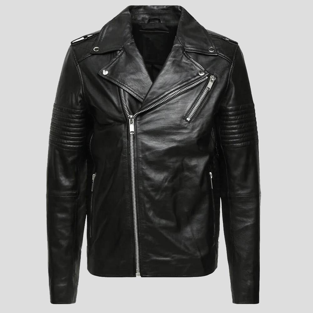 men's black quilted lambskin leather biker jacket ronan texture detail