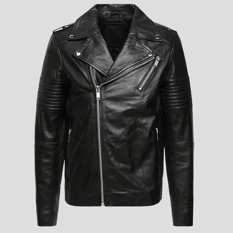 men's black quilted lambskin leather biker jacket ronan texture detail