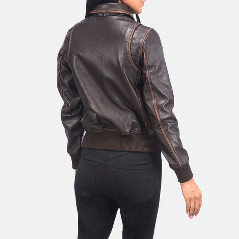women’s brown cowhide leather bomber jacket side angle