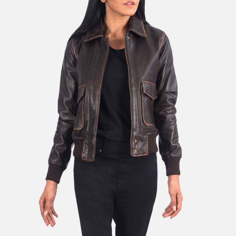 women’s brown cowhide leather bomber jacket back view
