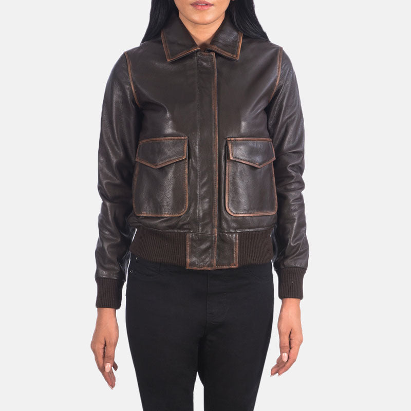women’s brown cowhide leather bomber jacket front view
